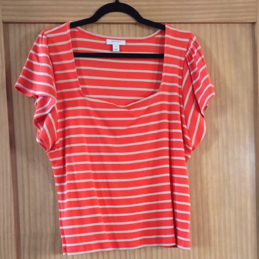 XL Orange and White Striped Short Sleeve Top Square Neckline Ribbed Knit